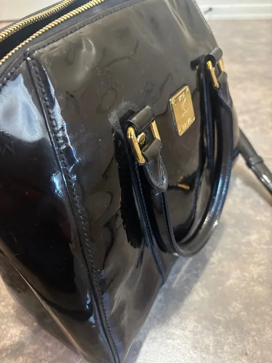 MCM Black Patent Leather Satchel with Gold Plaque and Hardware - Picture 8 of 11